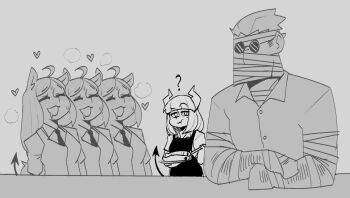 1boy 4girls ? aftersex animal_ears bandages cerberus_(helltaker) demon_girl demon_tail dog_ears food greyscale heart helltaker helltaker_(character) horns krekkov lucifer_(helltaker) mole mole_under_eye monochrome multiple_girls pancake saliva shirt sunglasses tail