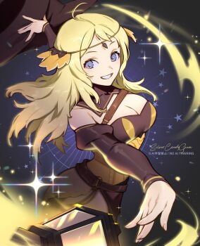 1girl ahoge alternate_costume bare_shoulders blonde_hair blue_eyes breasts circlet cleavage cosplay detached_collar dress fire_emblem fire_emblem_fates grey_eyes halloween halloween_costume hat highres large_breasts long_hair long_sleeves looking_at_viewer nintendo off-shoulder_dress off_shoulder open_mouth ophelia_(fire_emblem) silvercandy_gum smile solo star_(symbol) unworn_headwear witch witch_(fire_emblem_fates) witch_(fire_emblem_fates)_(cosplay) witch_hat yellow_dress