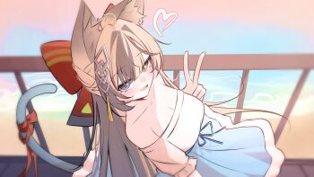 1girl animal_ear_fluff animal_ears beach blue_eyes bow brown_hair cat_ears cat_girl cat_tail character_request commentary_request copyright_request cowboy_shot dress fang hair_bow hair_ornament heterochromia highres korean_commentary long_hair pol060 red_bow tail v yellow_eyes