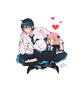 Rule 34 | 1boy, 1girl, anya (spy x family), awarinko, black dress, black hair, black necktie, black pants, black shoes, blush, bobby socks, bow, brown hair, closed mouth, collared shirt, dress, dress shirt, gradient hair, green eyes, grey socks, grin, hair between eyes, heart, highres, multicolored hair, necktie, pants, pink hair, red eyes, ribbed socks, shirt, shoes, short sleeves, signature, simple background, smile, socks, spy x family, twitter username, uncle and niece, v-shaped eyebrows, white background, white bow, white shirt, white socks, yuri briar