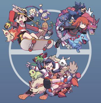 1boy 1girl 2boys :d aipom alternate_color arcanine backwards_hat baseball_cap bike_shorts black_footwear black_gloves black_hair black_jacket bone boots breasts bright_pupils brown_eyes brown_hair chikorita closed_mouth commentary_request cropped_jacket cubone cyndaquil earrings ethan_(pokemon) full_body gen_1_pokemon gen_2_pokemon gloves goggles goggles_on_headwear grey_pants gyarados happy hat highres hitmonchan holding jacket jewelry jumping kris_(pokemon) long_hair long_sleeves male_focus multiple_boys murkrow natu necklace nintendo open_mouth orange_hair pants paras poke_ball poke_ball_(basic) pokemon pokemon_(creature) pokemon_adventures poliwag red_footwear red_jacket red_shirt shiny_pokemon shirt shoes short_hair shorts silver_(pokemon) skateboard smile sneasel star_(symbol) star_earrings star_necklace stchame sudowoodo sunkern togepi tongue totodile twintails white_jacket white_pupils yellow_eyes yellow_shorts