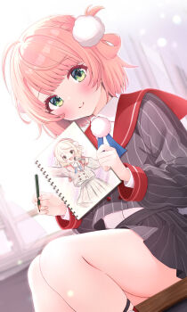 1girl absurdres blonde_hair blue_ribbon blunt_bangs blush braid buttons closed_mouth collared_shirt commentary_request curtains double-breasted drawing_(object) dress_shirt dutch_angle green_eyes grey_jacket grey_skirt hair_rings highres holding holding_sketchbook indie_virtual_youtuber jacket kneehighs kudok87 legwear_garter light_particles long_sleeves looking_at_viewer miniskirt neck_ribbon no_headwear overexposure pinstripe_jacket pinstripe_pattern pinstripe_skirt pleated_skirt pom_pom_(clothes) red_sailor_collar red_socks ribbon sailor_collar school_uniform shigure_ui_(vtuber) shigure_ui_(vtuber)_(1st_costume) shirt short_hair side_braid side_part side_up_ring sitting sitting_on_stairs sketchbook skirt sleeve_cuffs smile socks solo stairs swept_bangs virtual_youtuber white_shirt window wispy_bangs