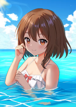 1girl absurdres beach blush bow brown_eyes brown_hair chinese_commentary closed_mouth cloud cloudy_sky commentary day hair_between_eyes hand_in_own_hair highres light_rays looking_at_viewer no_headwear ocean partially_submerged red_bow shiro_(user_1048334293) short_hair sky smile solo sun swimsuit touhou usami_renko