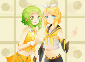 Rule 34 | 2girls, :3, absurdres, ahoge, bare shoulders, black sailor collar, black shorts, blonde hair, blue eyes, bow, commentary, detached sleeves, green eyes, green hair, gumi, hair bow, hair ornament, hairclip, hand up, highres, kagamine rin, kuji-in, medium hair, multiple girls, navel, neckerchief, sailor collar, shirt, shorts, skirt, sleeveless, sleeveless shirt, swept bangs, vest, vocaloid, white bow, white shirt, wrist cuffs, yellow neckerchief, yellow skirt, yellow vest, yuka (1595909)