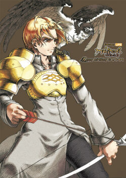 1boy animal animal_on_shoulder archived_source armor arrow_(projectile) bad_link bird black_claws black_pants bow_(weapon) breastplate brown_background brown_fur brown_wings buttons claws closed_mouth coat collarbone collared_coat copyright_name cowboy_shot eagle english_text feathered_wings frown gift_art gold_armor grey_coat grey_sleeves happy_birthday hatching_(texture) high_collar holding holding_arrow holding_bow_(weapon) holding_weapon korean_text len_(a-7) linear_hatching long_sleeves mabinogi orange_eyes orange_hair pants parted_bangs parted_hair partially_unbuttoned pauldrons player_character_(mabinogi) serious short_hair shoulder_armor sleeve_cuffs split_mouth standing straight_hair two-tone_fur two-tone_wings v-shaped_eyebrows weapon white_fur white_wings wings
