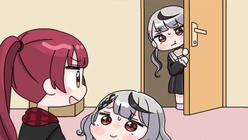 3girls :d :t black_dress black_hair black_jacket braid braided_bangs brown_eyes chibi closed_mouth commentary_request dress grey_hair hair_ornament hands_up hololive hood hood_down hooded_jacket houshou_marine houshou_marine_(summer) indoors jacket long_hair long_sleeves mochimiko multicolored_hair multiple_girls open_door open_mouth peeking_out pleated_dress ponytail pout puffy_long_sleeves puffy_sleeves red_eyes red_hair sakamata_chloe siblings sisters smile streaked_hair twintails very_long_hair virtual_youtuber x_hair_ornament