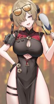 1girl black_dress black_gloves blurry blurry_background braid breasts brown_hair china_dress chinese_clothes cleavage_cutout clothing_cutout covered_navel cowboy_shot dress eyewear_on_head fingerless_gloves gloves hair_over_one_eye hand_fan hand_on_own_hip head_tilt highres holding holding_fan kushinaka large_breasts looking_at_viewer open_mouth pelvic_curtain purple_eyes short_twintails solo sweety_(zenless_zone_zero) thigh_strap tinted_eyewear tuanshan twintails underboob_cutout yellow-tinted_eyewear zenless_zone_zero