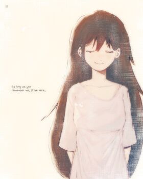 1girl arms_behind_back black_hair closed_eyes collarbone commentary double-parted_bangs dress english_commentary english_text hair_between_eyes hfsean2 highres long_hair mari_(omori) mari_(spirit)_(omori) omori short_sleeves simple_background solo spoilers white_background white_dress