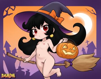 1girl artist_name ashley_(warioware) black_hair border bow breasts broom collarbone crescent_moon dayshi_sunshine earrings feet female_focus hair_between_eyes halloween halloween_bucket hat hat_bow highres holding holding_broom jewelry loli long_hair moon navel nintendo nude orange_bow purple_border red_eyes sidelocks sitting small_breasts solo standing standing_on_one_leg stomach toes uncensored warioware witch_hat