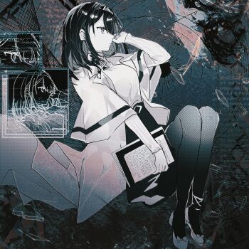 1girl adjusting_hair arknights arms_up black_bow black_hair black_hairband black_skirt book bow breasts closed_mouth coat collared_coat commentary_request dress_shoes floating fumi_(rdbm) glass_shards glitch hairband hand_in_own_hair hands_in_own_hair highres holding holding_book holding_own_hair holding_paper holographic_monitor lab_coat leggings legs_folded legs_together long_sleeves looking_at_viewer looking_to_the_side medium_breasts medium_hair monitor multiple_monitors pantyhose paper priestess_(arknights) purple_eyes shirt skirt solo static sweater turtleneck turtleneck_shirt turtleneck_sweater white_coat white_sweater
