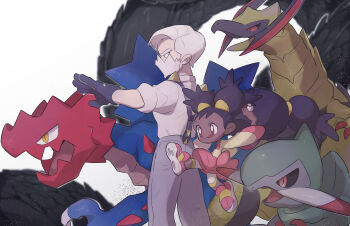 1boy 1girl beard black_sclera brown_eyes closed_mouth colored_sclera commentary_request dark-skinned_female dark_skin deformed drayden_(pokemon) druddigon facial_hair fraxure from_side gen_5_pokemon gloves grey_pants haxorus highres holding holding_poke_ball iris_(pokemon) long_hair long_sleeves mature_male mimura_(nnnnnnnnmoo) nintendo open_mouth outstretched_arm pants pink_shoes pink_skirt poke_ball poke_ball_(basic) pokemon pokemon_(creature) pokemon_bw purple_gloves purple_hair red_eyes shirt shoes short_hair short_sleeves skirt slit_pupils smile suspenders thick_eyebrows tongue tongue_out tusks v-shaped_eyebrows very_long_hair white_hair white_shirt yellow_eyes yellow_shirt