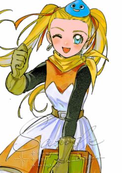 1girl artist_name black_shirt blonde_hair blue_eyes blush book breasts commentary cowboy_shot creature_on_head dragon_quest dragon_quest_builders_2 dress earrings female_builder_(dqb2) gloves grey_gloves hair_ribbon highres holding holding_book hoop_earrings jewelry long_hair medium_breasts mouyi neckerchief one_eye_closed open_mouth red_ribbon ribbon sample_watermark shirt slime_(dragon_quest) smile symbol-only_commentary twintails watermark white_background white_dress yellow_neckerchief