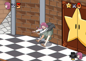 alcohol_carton backwards_long_jump bent_over bocchi_the_rock! braid brick_wall carton checkered_floor closed_eyes dress drink_carton drunk fake_screenshot fang gameplay_mechanics geta glitch green_dress hair_over_shoulder hiroi_kikuri holding_carton jacket juice_box jumping long_hair low-braided_long_hair low-tied_long_hair mario_(series) medium_dress multicolored_jacket nintendo open_mouth parody purple_hair star_(symbol) super_mario_64 torako_(toramaru) two-tone_jacket user_interface wide_shot