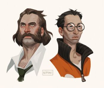 2boys aegyo_sal black_eyes black_hair bomber_jacket brown_hair chest_hair collared_shirt commentary cropped_shoulders disco_elysium english_commentary facial_hair glasses green_necktie harry_du_bois jacket kim_kitsuragi looking_to_the_side male_focus multiple_boys mustache_stubble mutton_chops necktie nipuni orange_jacket portrait shirt stubble white_shirt