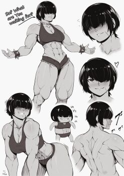 1girl abs absurdres back biceps black_hair blush bracelet breasts collar deltoids english_text highres jewelry large_breasts lats laughing legs looking_at_viewer looking_away looking_back looking_to_the_side lying medium_breasts muscular muscular_female on_back quads scar seductive_smile short_hair shorts smile speedl00ver spiked_bracelet spiked_collar spikes sports_bra trapezius triceps underwear underwear_only