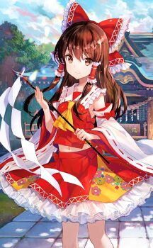 ascot blue_sky bow brown_eyes brown_hair closed_mouth cloud cloudy_sky collared_shirt detached_sleeves floral_print frilled_bow frilled_hair_tubes frilled_shirt_collar frilled_skirt frills fuzichoco gohei grass hair_bow hair_tubes hakurei_reimu hakurei_shrine holding holding_gohei long_hair midriff official_art outdoors path red_bow red_skirt red_vest ribbon-trimmed_sleeves ribbon_trim road shirt sidelocks skirt sky sleeve_bow sleeveless sleeveless_shirt smile touhou touhou_cannonball tree vest waist_bow white_sleeves wide_sleeves yellow_ascot yellow_shirt