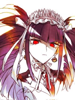 1girl bell bell_earrings black_hair celestia_ludenberg closed_mouth danganronpa:_trigger_happy_havoc danganronpa_(series) drill_hair earrings eyelashes highres jewelry long_hair looking_at_viewer red_eyes rhinn_ix signature solo twin_drills twintails upper_body white_headdress