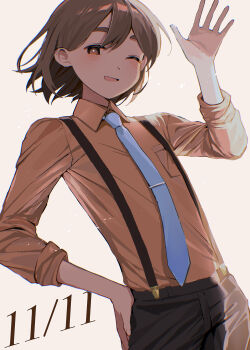 1boy absurdres black_pants blush brown_eyes brown_hair cowboy_shot dark-skinned_male dark_skin hato_popo_37 highres kel_(faraway)_(omori) kel_(omori) looking_at_viewer male_focus necktie omori one_eye_closed open_mouth orange_shorts pants short_hair shorts smile solo suspenders tie_clip