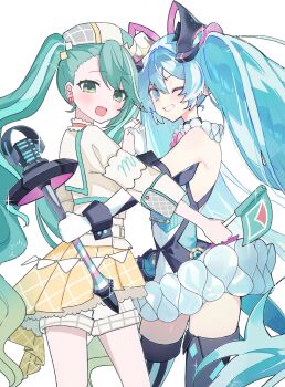 2girls aqua_eyes aqua_hair asymmetrical_legwear bag beret black_thighhighs blue_eyes blue_hair blush bow bowtie commentary_request cropped_jacket diamond_hair_ornament dress dress_ruff flag gloves hair_ornament hat hatsune_miku highres holding holding_flag holding_hands holding_microphone_stand hoop_skirt jacket long_hair magical_mirai_(vocaloid) magical_mirai_miku magical_mirai_miku_(2019) magical_mirai_miku_(2024) microphone microphone_stand midriff mini_hat mini_top_hat mismatched_legwear multiple_girls neck_ruff official_alternate_costume official_alternate_hairstyle one_eye_closed open_mouth pink_bow pink_bowtie plaid_bow plaid_clothes plaid_skirt pleated_skirt simple_background skirt sleeveless sleeveless_dress solo thighhighs top_hat twintails very_long_hair vocaloid white_background white_gloves white_hat white_jacket yellow_skirt yukia_1128 zettai_ryouiki