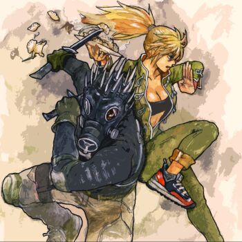 1boy 1girl bandeau black_bandeau blonde_hair breasts brown_pants caiman_(dorohedoro) cleavage commentary_request dorohedoro dumpling food gas_mask green_jumpsuit gyoza_man head_spikes hitsuki_(hiidukii) holding holding_knife holding_plate jiaozi jumpsuit knee_pads knife mask medium_breasts nikaidou_(dorohedoro) pants plate ponytail reverse_grip shoes sneakers