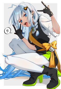 ! !! 1girl \m/ ahoge black_boots blue_eyes blue_hair boots bow braid commentary double_\m/ ear_piercing gel_(nukoleg) hair_ornament high_heel_boots high_heels highres kizuna_akari long_hair looking_at_viewer orange_bow pantyhose piercing solo spoken_exclamation_mark teeth tongue tongue_out upper_teeth_only voiceroid white_pantyhose