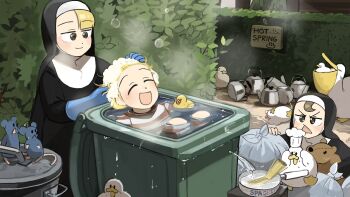 Rule 34 | 3girls, :d, bathing, bird, blonde hair, blue gloves, brown eyes, brown hair, chef hat, chicken, closed eyes, clumsy nun (diva), commentary, diva (hyxpk), duck, english commentary, froggy nun (diva), gloves, habit, hat, hedge, highres, kettle, little nuns (diva), mouse (animal), multiple girls, nun, nun headdress, old-fashioned swimsuit, open mouth, pelican, rubber duck, rubber gloves, slice of life, smile, spicy nun (diva), star ornament, stuffed animal, stuffed capybara, stuffed toy, traditional nun, trash bag, trash can, triangle mouth, washing another, washing hair, yellow eyes
