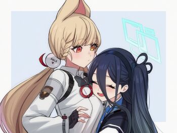 2girls absurdres alice_thymefield animal_ear_fluff animal_ears aqua_halo aris_(blue_archive) black_hair black_hairband blonde_hair blue_archive blue_hair blue_halo blue_necktie breasts chest_bow closed_eyes collared_shirt fingerless_gloves gloves hair_between_eyes hair_ornament hairband halo happy harness heterochromia highres hug large_breasts long_hair long_hair_between_eyes low_twintails multiple_girls necktie one_side_up open_mouth orange_eyes pom_pom_(clothes) pom_pom_hair_ornament rabbit_ears rectangular_halo senapops shirt simple_background sphere_hair_ornament tanaka_minami_(voice_actor) twintails very_long_hair voice_actor_connection white_background white_shirt zenless_zone_zero