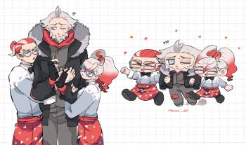 !? 1girl 2boys apron beard black_bow black_bowtie black_jacket blue_eyes bow bowtie chibi closed_eyes facial_hair fingerless_gloves fsxxx_67 fur-trimmed_jacket fur_trim furrowed_brow glasses gloves grabbing_another&#039;s_arm gradient_hair grey_eyes griselle_(pokemon) grisham_(pokemon) hair_pulled_back height_difference highres hug hug_from_side jacket l_(pokemon) locked_arms looking_at_another multicolored_hair multiple_boys nintendo one_eye_closed pokemon pokemon_legends:_z-a ponytail pout red_apron red_eyes red_hair shirt short_ponytail split_ponytail sweat twitter_username two-tone_hair waist_apron wavy_hair white-framed_eyewear white_hair white_shirt