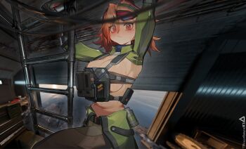 Rule 34 | 1girl, bathilde (girls' frontline 2), blush, breasts, brown eyes, brown hair, brown pants, bulletproof vest, climbing ladder, closed mouth, commentary request, girls' frontline, girls' frontline 2: exilium, goggles, goggles on head, green shrug, highres, large breasts, looking at viewer, mole, mole under eye, navel, obsidian117, pants, short hair, shrug (clothing), solo, stomach