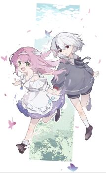 Rule 34 | absurdres, aged down, arlecchino (genshin impact), bare legs, bare shoulders, black footwear, black ribbon, black shirt, black shorts, bug, butterfly, chinese commentary, clenched hand, clervie (genshin impact), collared shirt, dress, falling petals, frilled dress, frilled sleeves, frills, genshin impact, grass, green eyes, grey hair, hair between eyes, head tilt, headband, highres, holding another's wrist, insect, jewelry, long dress, long hair, looking at viewer, looking to the side, multicolored background, multicolored dress, multicolored hair, neck ribbon, necklace, off shoulder, open mouth, outdoors, parted lips, peruere (genshin impact), petals, pink hair, ribbon, running, shirt, short hair, short shorts, short sleeves, shorts, streaked hair, two-tone hair, water, white headband, wocalei2