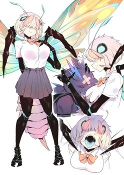 2girls arthropod_girl bandages between_breasts bow bowtie breasts commentary duplicate godzilla godzilla:_king_of_the_monsters godzilla_(series) grabbing_another&#039;s_breast groping hair_over_eyes head_between_breasts hug insect_girl insect_wings kaiju karasu_raven large_breasts legendary_pictures mandibles monster_girl monsterverse moth_girl moth_wings mothra multicolored_hair multiple_girls open_mouth personification saliva school_uniform skindentation smile stinger toho two-tone_hair wings yuri