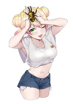 1girl absurdres armpits arms_up beetle blonde_hair blush breasts bug commentary cropped_legs cropped_shirt crossed_bangs denim double-parted_bangs double_bun english_commentary from_above gradient_hair green_eyes hair_bun highres hololive insect large_breasts looking_at_viewer medium_hair momosuzu_nene multicolored_hair navel official_alternate_costume one_eye_closed open_mouth pink_hair seiji_kimoti simple_background smile solo sparkle stag_beetle stomach sweat two_side_up virtual_youtuber white_background