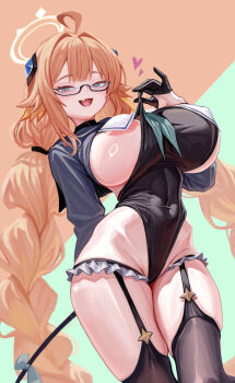 1girl ahoge areola_slip black_gloves black_leotard black_thighhighs blonde_hair blue_archive blue_eyes blue_sailor_collar blue_shrug blush bow braid breast_curtains breasts clothes_pull covered_navel fang feather_hair frills garter_straps glasses gloves gradient_hair hair_bow hair_ornament half_gloves halo heart highleg highleg_leotard highres large_breasts leotard long_hair long_sleeves looking_at_viewer multicolored_hair neckerchief open_mouth orange_hair riding_crop sailor_collar shimiko_(blue_archive) shimiko_(magical)_(blue_archive) shrug_(clothing) sidelocks skin_fang smile solo sui_yamami thighhighs thighs twin_braids
