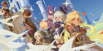 2boys 4girls absurdres ahoge back biker_clothes bikesuit blonde_hair blue_eyes blue_hair blue_hat blue_sky blunt_bangs bodysuit braid braided_sidelocks brown_hair cake capelet chinese_clothes chinese_commentary dress earrings floating food formal_clothes bad_tag from_behind from_side furina_(genshin_impact) genshin_impact gloves glowing glowing_hair gradient_hair green_capelet green_eyes green_hair green_hat hair_between_eyes hair_ornament hat high_collar highres holding huge_ahoge japanese_clothes jewelry kimono long_hair long_sleeves looking_at_viewer looking_to_the_side mavuika_(genshin_impact) multicolored_hair multiple_boys multiple_girls nahida_(genshin_impact) one_eye_closed outdoors pantyhose purple_dress purple_eyes purple_kimono raiden_shogun red_eyes red_hair red_sash sanyuansan01 sash shade short_hair side_ponytail sky suit top_hat two-tone_hair venti_(genshin_impact) wavy_hair white_hair white_pantyhose wide_sleeves zhongli_(genshin_impact)