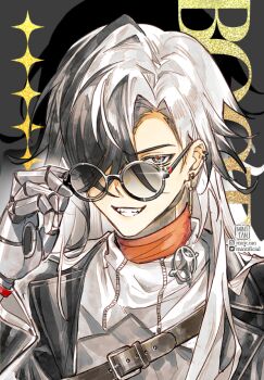 1boy adjusting_eyewear artist_name belt black_belt black_eyes black_hair black_jacket boothill_(honkai:_star_rail) bullet_earrings character_name commentary crossed_bangs cyborg ear_piercing earrings english_commentary glasses glint grey_background grey_shirt grin hair_over_one_eye hand_up honkai:_star_rail honkai_(series) instagram_logo instagram_username jacket jewelry lapels long_hair long_sleeves looking_at_viewer male_focus mint-tan mole mole_under_eye multicolored_hair one_eye_covered open_clothes open_jacket parted_bangs piercing portrait red_pupils round_eyewear shadow sharp_teeth sheriff_badge shirt simple_background smile solo streaked_hair teeth tinted_eyewear twitter_logo twitter_username upper_body watermark white_hair
