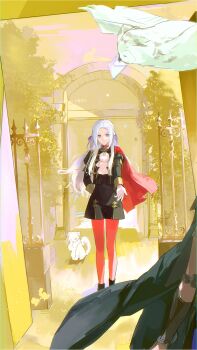 2girls absurdres artuvia bird cape cat edelgard_von_hresvelg female_byleth_(fire_emblem) fire_emblem fire_emblem:_three_houses garreg_mach_monastery_uniform gloves hair_ribbon highres indoors long_hair looking_at_viewer multiple_girls nintendo owl pantyhose purple_eyes purple_ribbon red_cape red_pantyhose ribbon side_cape solo white_hair