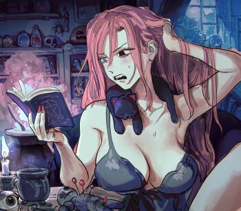 1girl absurdres animal babydoll black_babydoll black_eyes blue_eyes book breasts cat cauldron cleavage commentary confused double-parted_bangs duc_94 english_commentary fingernails hair_between_eyes hand_in_own_hair heterochromia highres holding holding_book large_breasts long_hair nail_polish open_book open_mouth original pentagram pentagram_print pink_hair potion reading red_nails solo sweat voodoo_doll