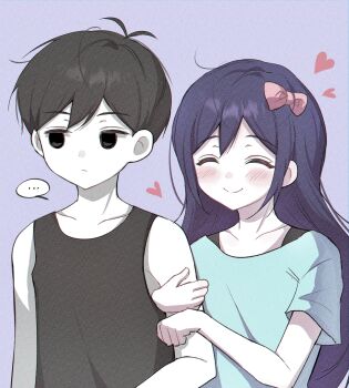 ... 1boy 1girl ^_^ absurdres antenna_hair arm_hug aubrey_(headspace)_(omori) aubrey_(omori) bare_arms bare_shoulders behind_another black_eyes black_hair black_tank_top blue_shirt blush bow child chromatic_aberration closed_eyes closed_mouth collarbone cowlick double-parted_bangs expressionless facing_another film_grain hair_behind_ear hair_between_eyes hair_bow hands_up heart hetero highres kodomo_doushi long_hair looking_to_the_side no_pupils omori omori_(omori) pink_bow purple_background purple_hair shirt short_hair short_sleeves simple_background smile spoken_ellipsis tank_top tareme upper_body very_short_hair wktdms1