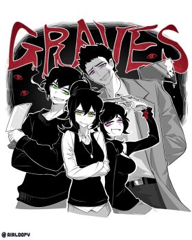 2boys 2girls :d absurdres ahoge aierlaobo alternate_universe andrew_graves arms_behind_back ashley_graves axe belt black_background blood blood_on_axe border breasts bright_pupils brother_and_sister buttons cigarette cleaver clenched_teeth coat collarbone collared_shirt commentary cropped_legs crossed_arms double-parted_bangs douglas_graves english_commentary family father_and_daughter father_and_son green_eyes greyscale grin gun gun_to_head hair_behind_ear hair_between_eyes handgun high_contrast high_ponytail highres holding holding_axe holding_cleaver holding_gun holding_knife holding_weapon jewelry knife long_sleeves looking_at_viewer medium_breasts medium_hair monochrome mother_and_daughter mother_and_son mouth_hold multiple_boys multiple_girls necklace open_clothes open_coat open_mouth outline outside_border pants pink_eyes ponytail puffy_long_sleeves puffy_sleeves renee_graves revolver shirt shirt_tucked_in short_hair siblings simple_background small_breasts smile smoke spot_color standing sweater sweater_vest teeth the_coffin_of_andy_and_leyley tongue twitter_username very_short_hair weapon white_border white_outline