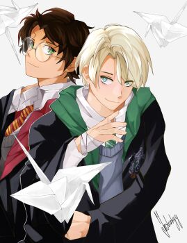 2boys bandaged_hand bandages black_robe blonde_hair blue_eyes brown_hair closed_mouth collar draco_malfoy floating floating_object flying glasses green_eyes grey_background gryffindor harry_potter harry_potter_(series) hogwarts_school_uniform kokojumbolol light_smile lightning_bolt_symbol male_focus multiple_boys necktie origami paper_crane robe scar scar_on_face scar_on_forehead school_uniform shirt short_hair simple_background slytherin striped_necktie white_shirt wing_collar wizarding_world
