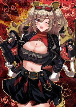 Rule 34 | 1girl, ;d, belt, black belt, black gloves, black skirt, blonde hair, blue sealad, breasts, burnice white, commentary, cowboy shot, fingerless gloves, flamethrower, gloves, highres, holding, holding flamethrower, holding weapon, large breasts, long hair, looking at viewer, midriff, miniskirt, navel, one eye closed, open mouth, red eyes, skirt, smile, solo, standing, stomach, two side up, weapon, zenless zone zero