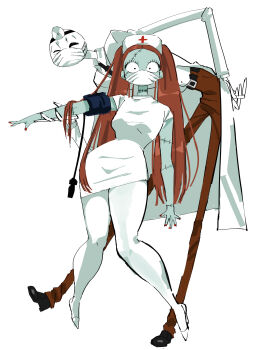 1boy 1girl absurdres alternate_costume colored_skin dress hat highres jack_skellington long_hair long_sleeves nurse nurse_cap patchwork_skin red_hair sally_(nbc) skeleton smile stitched_face stitches the_nightmare_before_christmas ushimooshi