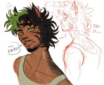 ... 1boy ? alternate_design animal_ear_piercing animal_ears antonio_leon_mars_(skcd_loen) back_hair black_hair cat_ears chest_hair cocked_eyebrow commentary cropped_arms cropped_shoulders english_commentary english_text facial_hair facial_mark fang fang_out from_side goatee green_eyes green_hair looking_at_mirror looking_at_viewer mirror mullet multicolored_hair multiple_views mustache_stubble mutton_chops original parted_lips skcd_loen sketch sketch_inset slit_pupils speech_bubble split-color_hair stubble sweatdrop tan tank_top teeth two-tone_hair upper_body wavy_ends whisker_markings white_background white_tank_top