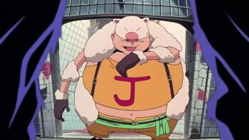 1girl 6+boys akisu animated anime_screenshot bear_king blonde_hair blue_sky boo_jack borodo breasts fur_trim gradient_sky grin heart honey_queen indoors kicking large_breasts leotard lipstick liquid long_hair makeup monkey_d._luffy monster_girl multiple_boys one_piece one_piece:_clockwork_island_adventure red_lips rope sanji_(one_piece) shiny_skin sky smile toei_company transformation twintails video window yellow_leotard