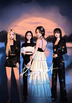 4girls artist_name black_hair black_jacket black_skirt blackpink blonde_hair blunt_bangs dress full_body hair_bun highres jacket jennie_(blackpink) jewelry jisoo_(blackpink) lisa_(blackpink) looking_at_viewer looking_back makeup mascara multiple_girls necklace paerytopiaa parted_lips rose_(blackpink) skirt thai_commentary white_dress