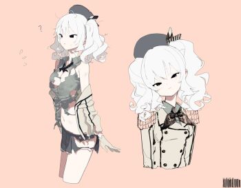 1girl ? bad_id bad_twitter_id barcode beret black_eyes breasts closed_mouth collared_shirt cropped_legs cropped_torso dated dirty epaulettes flying_sweatdrops gloves grey_hair grey_hat grey_shirt hageshii_nakano hat image_sample inactive_account jacket kantai_collection kashima_(kancolle) long_hair long_sleeves looking_at_viewer medium_breasts military_jacket military_uniform multiple_views navel off_shoulder pleated_skirt shirt sidelocks simple_background skirt smile standing torn_clothes torn_shirt torn_skirt tsurime twintails twitter_sample wavy_hair white_gloves