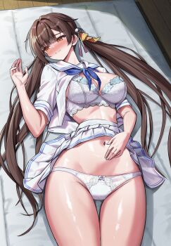 1girl bell blush bra breasts brown_hair embarrassed hair_bell hair_ornament highres honkai:_star_rail honkai_(series) large_breasts lying on_bed panties pleated_skirt sailor_collar shirt skirt solo sushang_(honkai:_star_rail) twintails underwear veca white_panties white_sailor_collar white_shirt white_skirt yellow_eyes