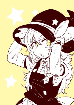 Rule 34 | 1girl, absurdres, apron, back bow, bow, braid, commentary, hair bow, hat, hat bow, highres, kirisame marisa, long hair, oninamako, open mouth, side braid, single braid, solo, touhou, waist apron, witch hat, yellow background, yellow eyes
