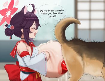 1boy 1girl all_fours animal_ears areola_slip bestiality blue_archive blush breasts brown_hair clothed_sex cum cum_on_body cum_on_breasts cum_on_upper_body dog english_text gigantic_breasts grabbing_own_breast hair_bun highres huge_breasts kaede_(blue_archive) kemonomimi_mode large_areolae open_mouth oppai_loli paizuri sex speech_bubble thought_bubble