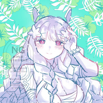 1girl arm_up bare_shoulders bikini blush braid breasts cleavage commentary corrupted_twitter_file fire_emblem fire_emblem_heroes flower green_background hair_flower hair_ornament heidrun_(fire_emblem) heidrun_(summer)_(fire_emblem) highres large_breasts long_hair looking_at_viewer monochrome nintendo official_alternate_costume red_eyes smile solo spot_color swimsuit teitokunanodesu upper_body very_long_hair watermark white_bikini